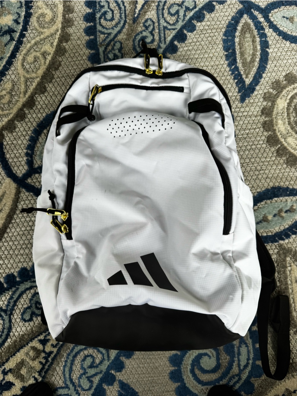 adidas Stadium 3 White and Black Athletic Backpack with Gold Zippers